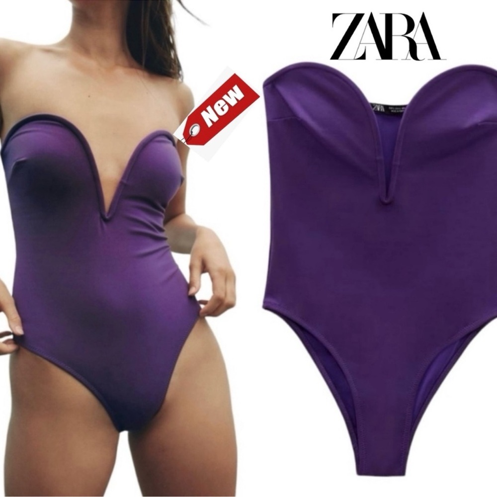 BNWT Zara Purple Sweetheart Plunge Deep V Strapless One Piece Swimsuit